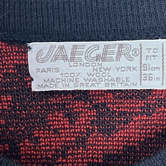 Vintage Jaeger Wool Cardigan sz M Black Red Festive 3/4 Sleeve Boxy Preppy 90s - Picture 3 of 7